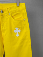 Pantalón Chrome Hearts 2026 nuevo amarillo pantalón con blanco cruz patchwork cuero, para pareja CALIDAD ORIGINAL