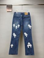 Pantalón Chrome Hearts 2026 nuevo azul pantalón con blanco cruz patchwork cuero, para pareja CALIDAD ORIGINAL