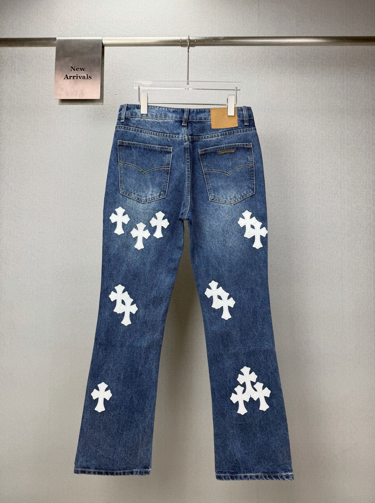 Pantalón Chrome Hearts 2026 nuevo azul pantalón con blanco cruz patchwork cuero, para pareja CALIDAD ORIGINAL