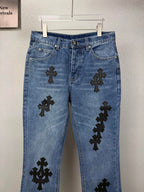Pantalón Chrome Hearts 2026 nuevo azul pantalón con negro cruz patchwork cuero, para pareja CALIDAD ORIGINAL