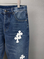 Pantalón Chrome Hearts 2026 nuevo azul pantalón con blanco cruz patchwork cuero, para pareja CALIDAD ORIGINAL