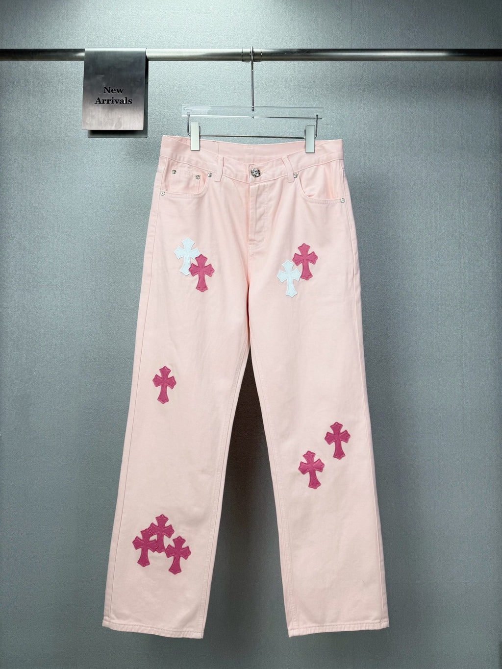 Pantalón Chrome Hearts 2026 nuevo rosado claro cruz patchwork cuero para pareja jeans lavados CALIDAD ORIGINAL