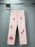 Pantalón Chrome Hearts 2026 nuevo rosado claro cruz patchwork cuero para pareja jeans lavados CALIDAD ORIGINAL