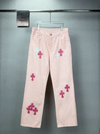 Pantalón Chrome Hearts 2026 nuevo rosado claro cruz patchwork cuero para pareja jeans lavados CALIDAD ORIGINAL