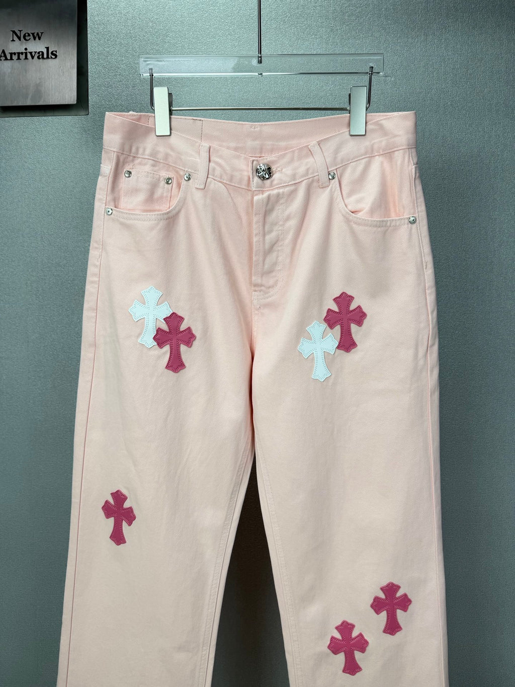 Pantalón Chrome Hearts 2026 nuevo rosado claro cruz patchwork cuero para pareja jeans lavados CALIDAD ORIGINAL