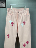 Pantalón Chrome Hearts 2026 nuevo rosado claro cruz patchwork cuero para pareja jeans lavados CALIDAD ORIGINAL