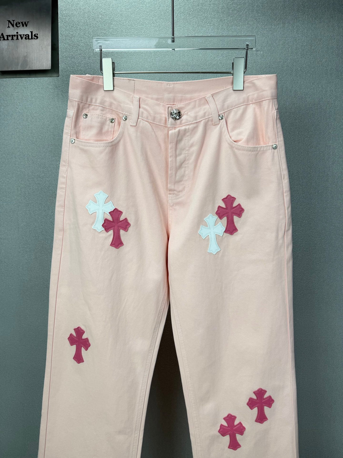 Pantalón Chrome Hearts 2026 nuevo rosado claro cruz patchwork cuero para pareja jeans lavados CALIDAD ORIGINAL