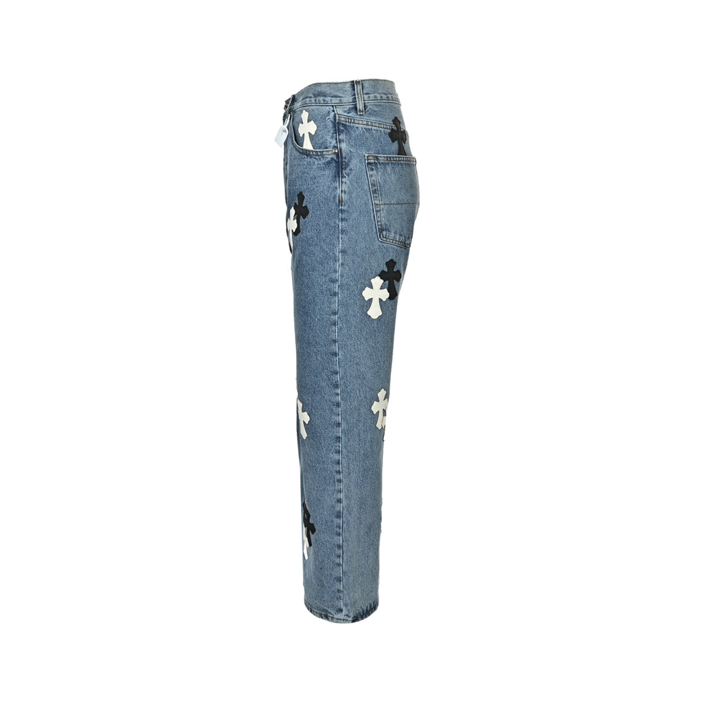 Pantalón Chrome Hearts negro y blanco patchwork cuero cruz jeans CALIDAD ORIGINAL