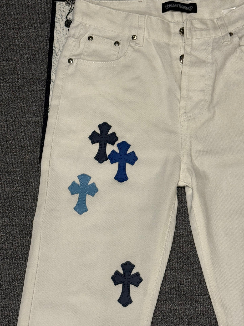 Pantalón Chrome Hearts blanco jeans con azul patchwork cuero CALIDAD ORIGINAL