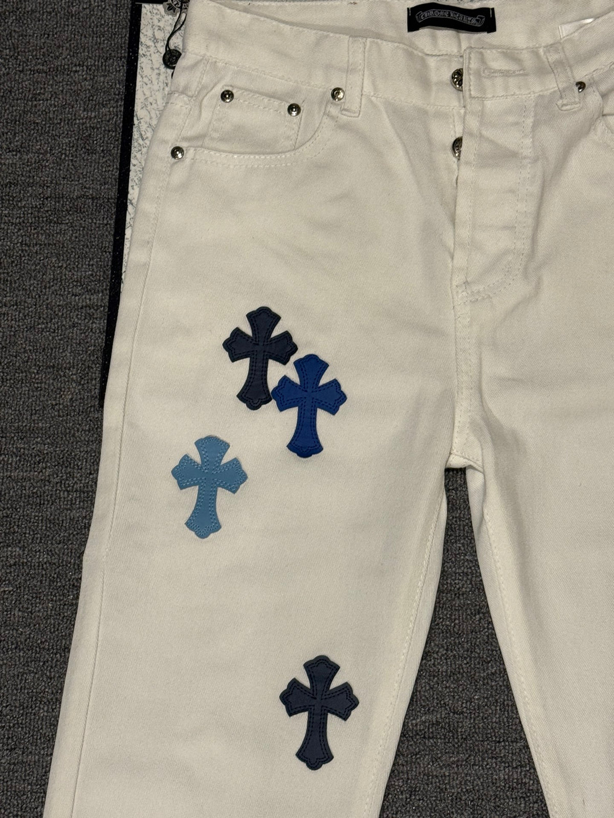 Pantalón Chrome Hearts blanco jeans con azul patchwork cuero CALIDAD ORIGINAL