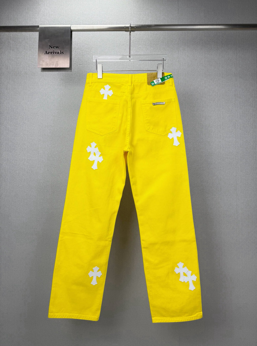 Pantalón Chrome Hearts 2026 nuevo amarillo pantalón con blanco cruz patchwork cuero, para pareja CALIDAD ORIGINAL