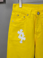 Pantalón Chrome Hearts 2026 nuevo amarillo pantalón con blanco cruz patchwork cuero, para pareja CALIDAD ORIGINAL