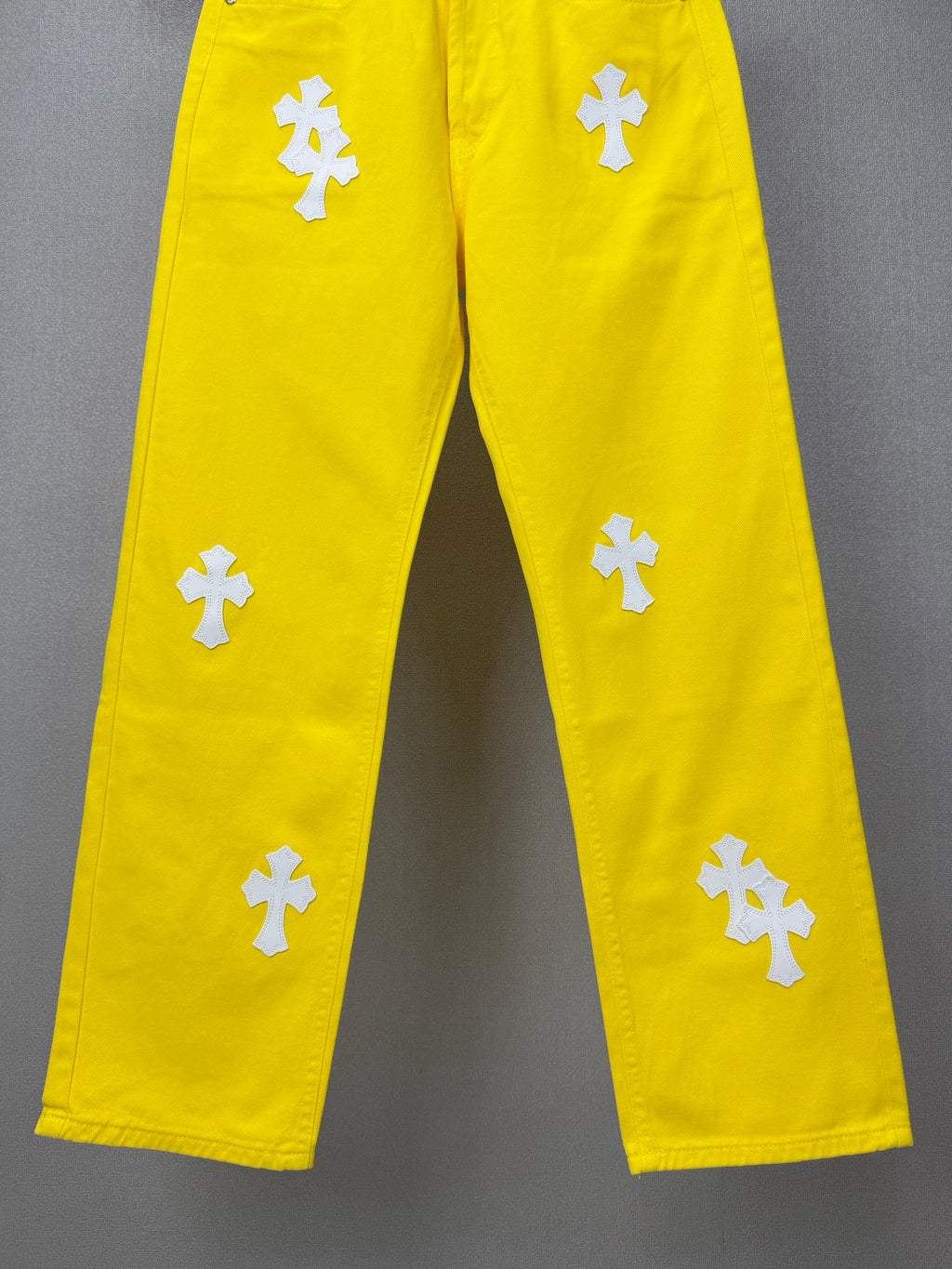 Pantalón Chrome Hearts 2026 nuevo amarillo pantalón con blanco cruz patchwork cuero, para pareja CALIDAD ORIGINAL