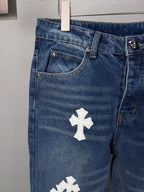 Pantalón Chrome Hearts 2026 nuevo azul pantalón con blanco cruz patchwork cuero, para pareja CALIDAD ORIGINAL