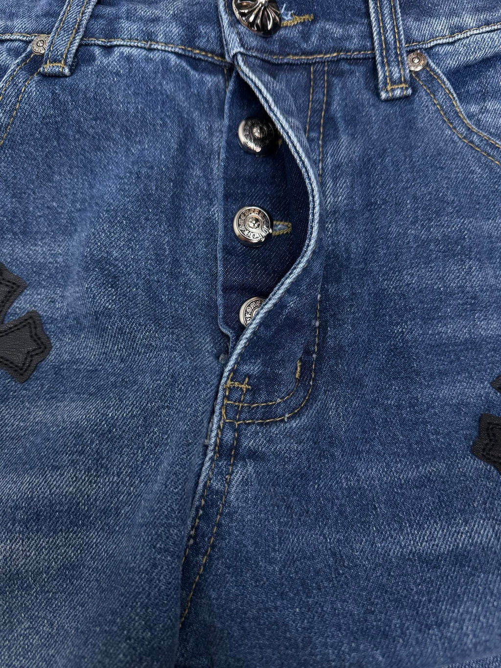 Pantalón Chrome Hearts 2026 nuevo azul pantalón con negro cruz patchwork cuero, para pareja CALIDAD ORIGINAL