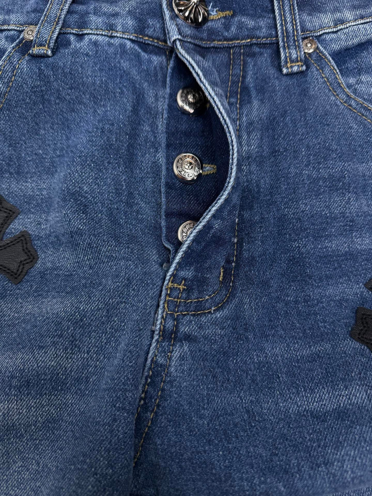 Pantalón Chrome Hearts 2026 nuevo azul pantalón con negro cruz patchwork cuero, para pareja CALIDAD ORIGINAL