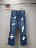 Pantalón Chrome Hearts 2026 nuevo azul pantalón con blanco cruz patchwork cuero, para pareja CALIDAD ORIGINAL