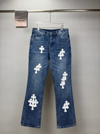 Pantalón Chrome Hearts 2026 nuevo azul pantalón con blanco cruz patchwork cuero, para pareja CALIDAD ORIGINAL