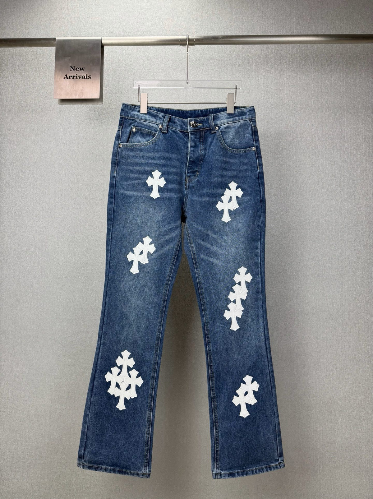 Pantalón Chrome Hearts 2026 nuevo azul pantalón con blanco cruz patchwork cuero, para pareja CALIDAD ORIGINAL