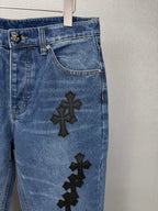 Pantalón Chrome Hearts 2026 nuevo azul pantalón con negro cruz patchwork cuero, para pareja CALIDAD ORIGINAL