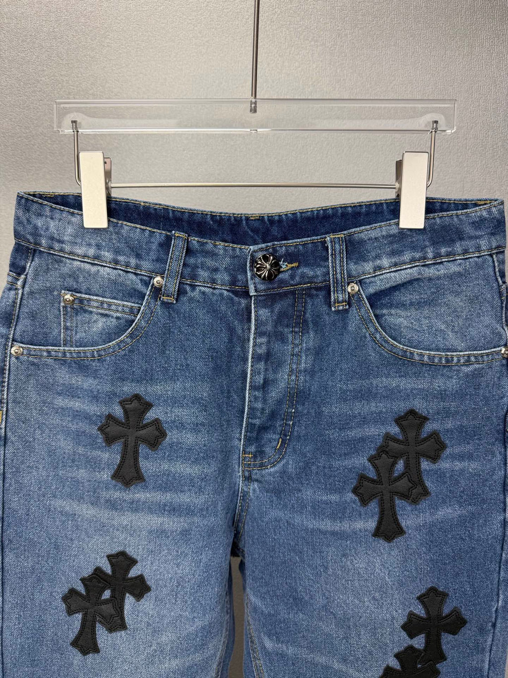 Pantalón Chrome Hearts 2026 nuevo azul pantalón con negro cruz patchwork cuero, para pareja CALIDAD ORIGINAL