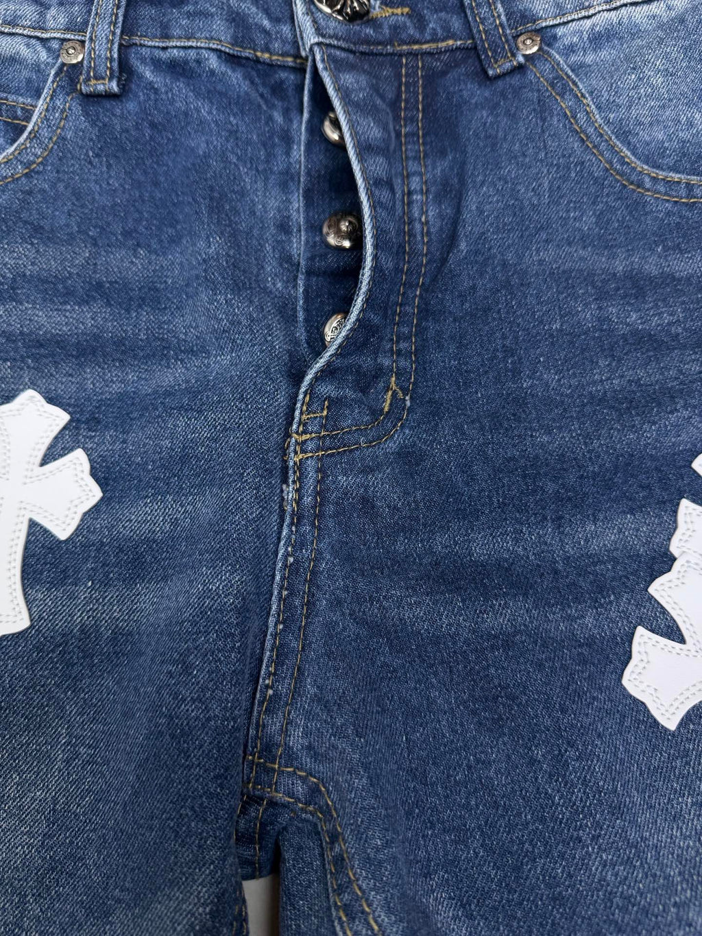 Pantalón Chrome Hearts 2026 nuevo azul pantalón con blanco cruz patchwork cuero, para pareja CALIDAD ORIGINAL
