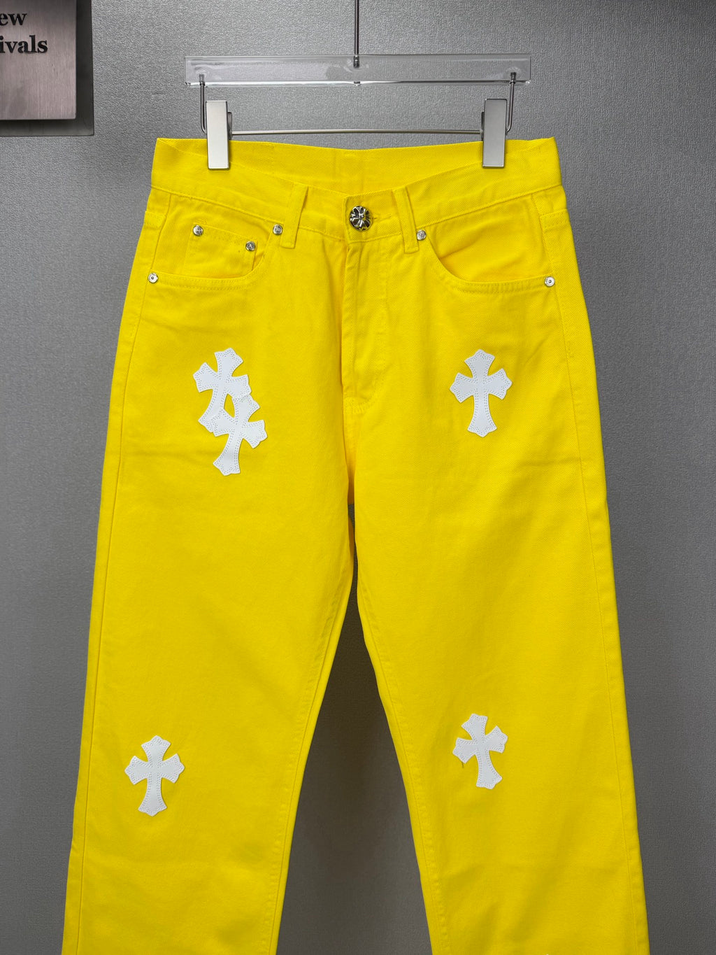 Pantalón Chrome Hearts 2026 nuevo amarillo pantalón con blanco cruz patchwork cuero, para pareja CALIDAD ORIGINAL