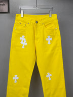 Pantalón Chrome Hearts 2026 nuevo amarillo pantalón con blanco cruz patchwork cuero, para pareja CALIDAD ORIGINAL