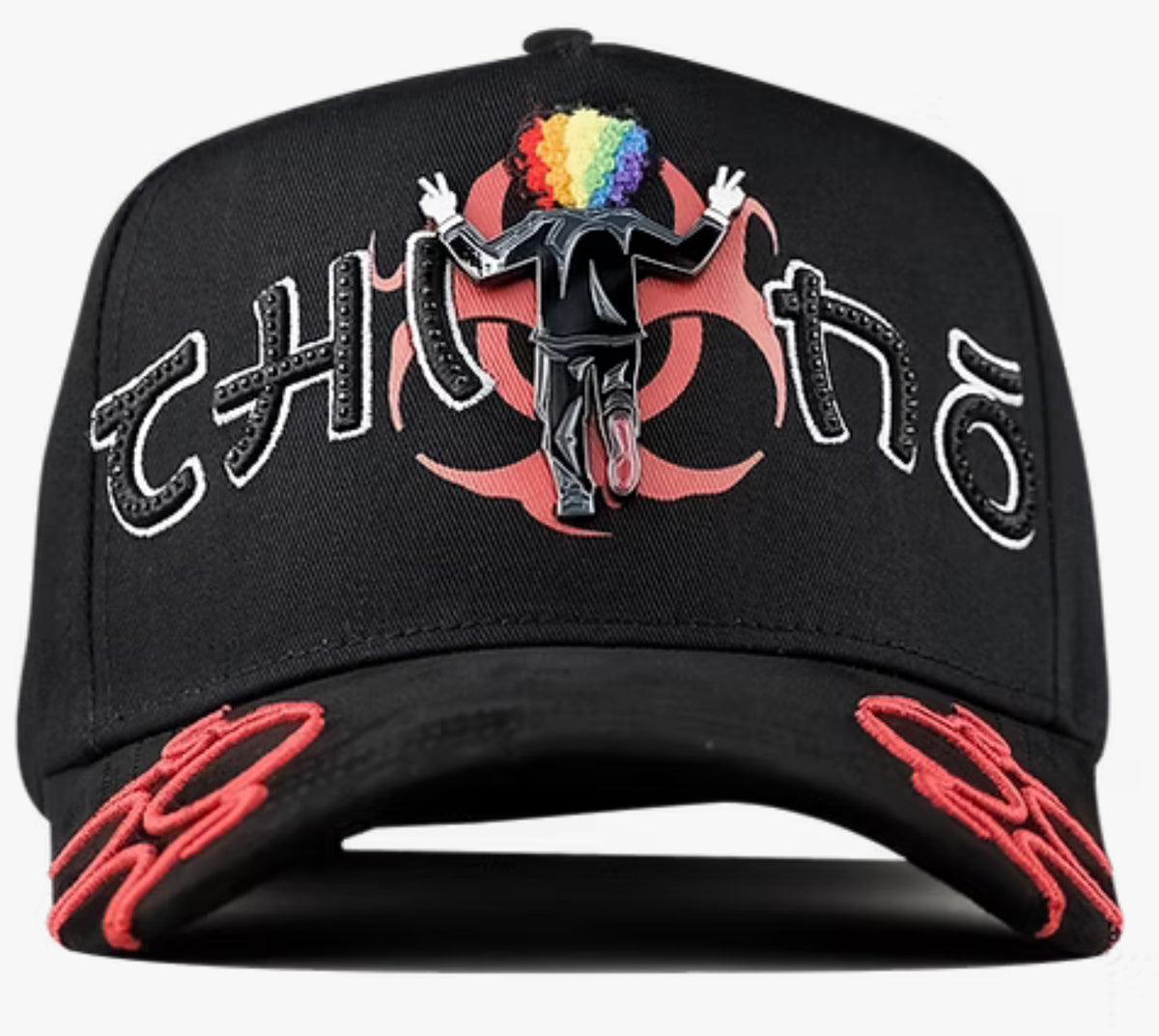 Gorra Personaje colorido con texto estilizado y flamas