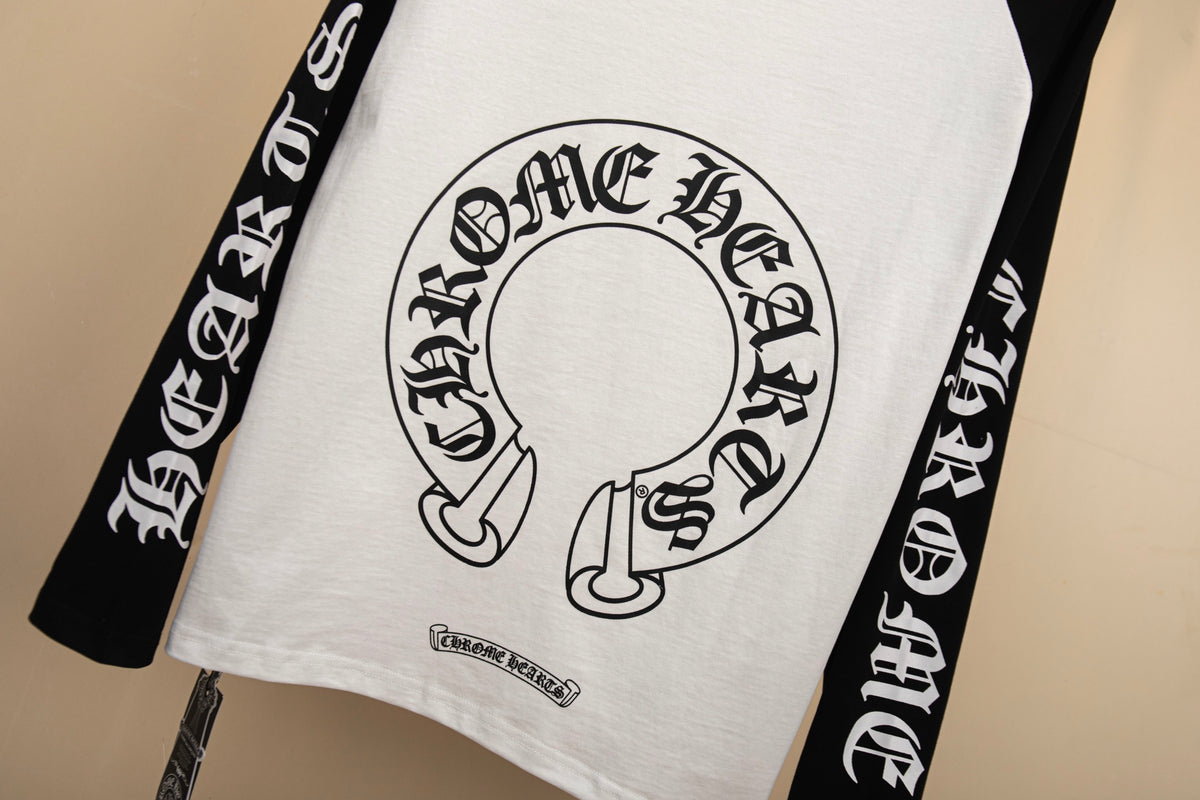 Polera Manga Larga Chrome Hearts negro y blanco Raglan herradura con letras estampado manga larga polera CALIDAD ORIGINAL