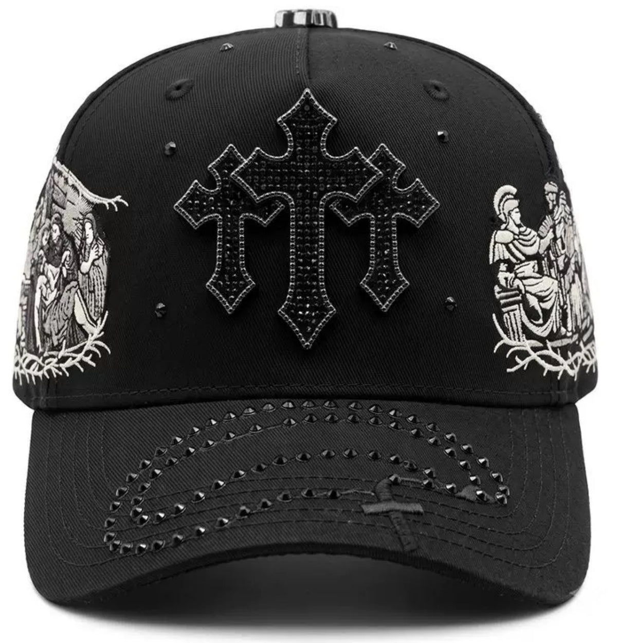 Gorra Cruz ornamentada con figuras de santos