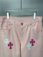 Pantalón Chrome Hearts 2026 nuevo rosado claro cruz patchwork cuero para pareja jeans lavados CALIDAD ORIGINAL