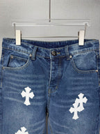 Pantalón Chrome Hearts 2026 nuevo azul pantalón con blanco cruz patchwork cuero, para pareja CALIDAD ORIGINAL