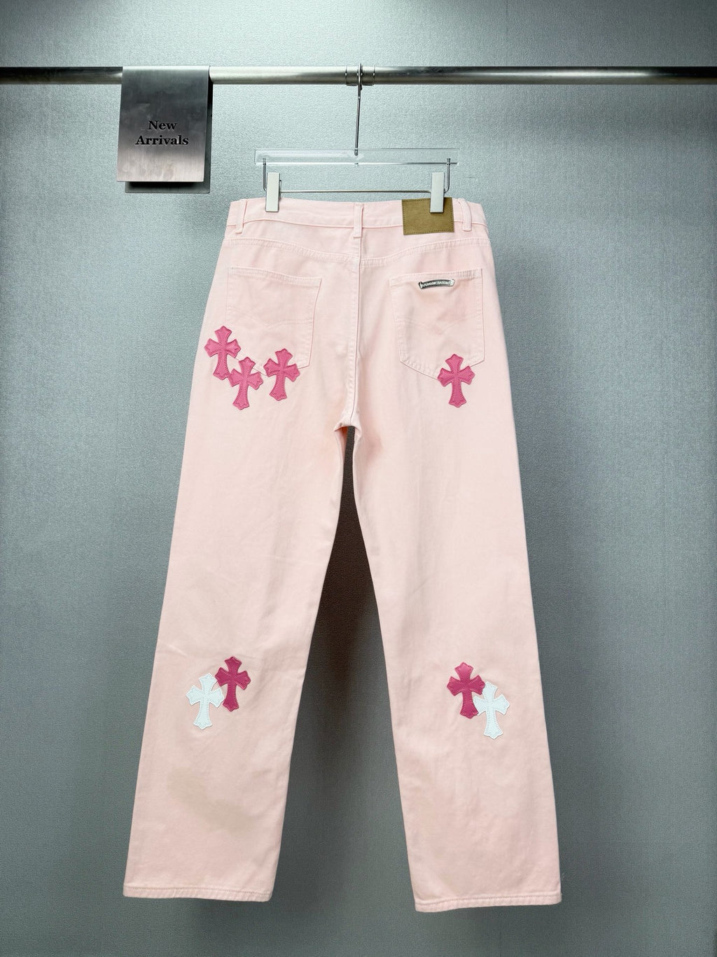 Pantalón Chrome Hearts 2026 nuevo rosado claro cruz patchwork cuero para pareja jeans lavados CALIDAD ORIGINAL
