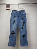 Pantalón Chrome Hearts 2026 nuevo azul pantalón con negro cruz patchwork cuero, para pareja CALIDAD ORIGINAL