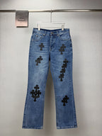 Pantalón Chrome Hearts 2026 nuevo azul pantalón con negro cruz patchwork cuero, para pareja CALIDAD ORIGINAL