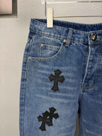 Pantalón Chrome Hearts 2026 nuevo azul pantalón con negro cruz patchwork cuero, para pareja CALIDAD ORIGINAL