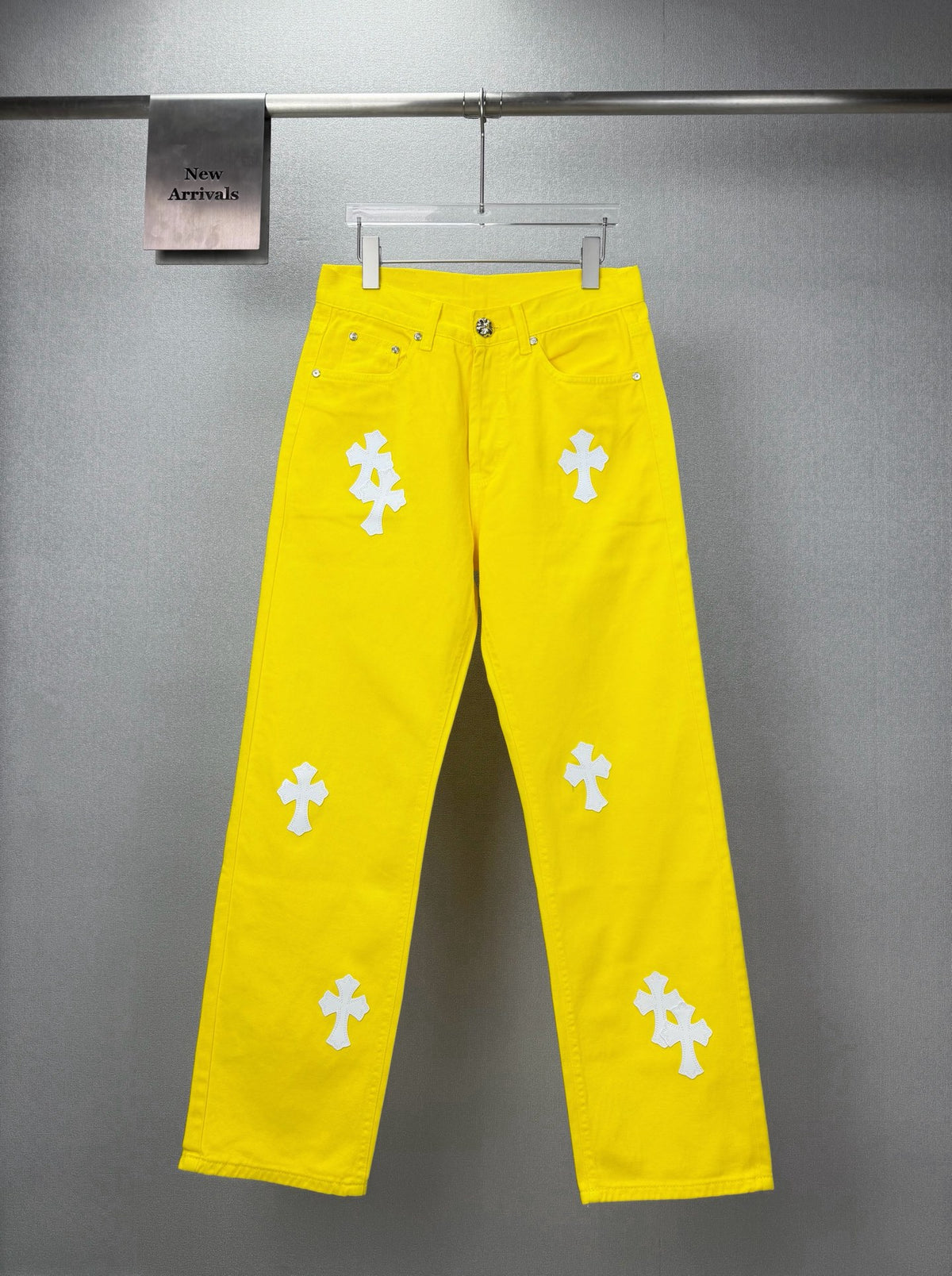 Pantalón Chrome Hearts 2026 nuevo amarillo pantalón con blanco cruz patchwork cuero, para pareja CALIDAD ORIGINAL