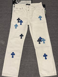Pantalón Chrome Hearts blanco jeans con azul patchwork cuero CALIDAD ORIGINAL