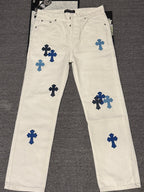 Pantalón Chrome Hearts blanco jeans con azul patchwork cuero CALIDAD ORIGINAL