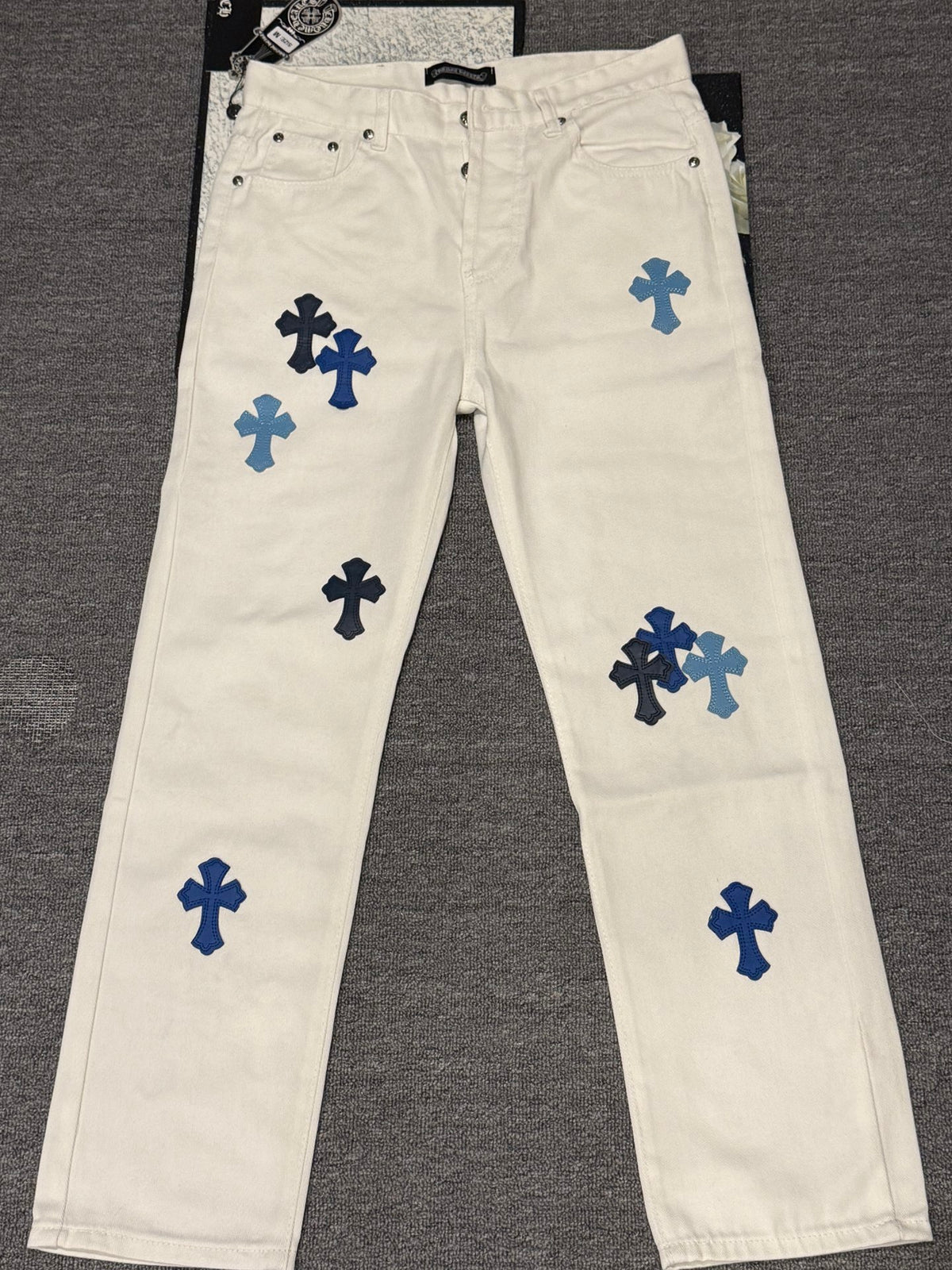 Pantalón Chrome Hearts blanco jeans con azul patchwork cuero CALIDAD ORIGINAL