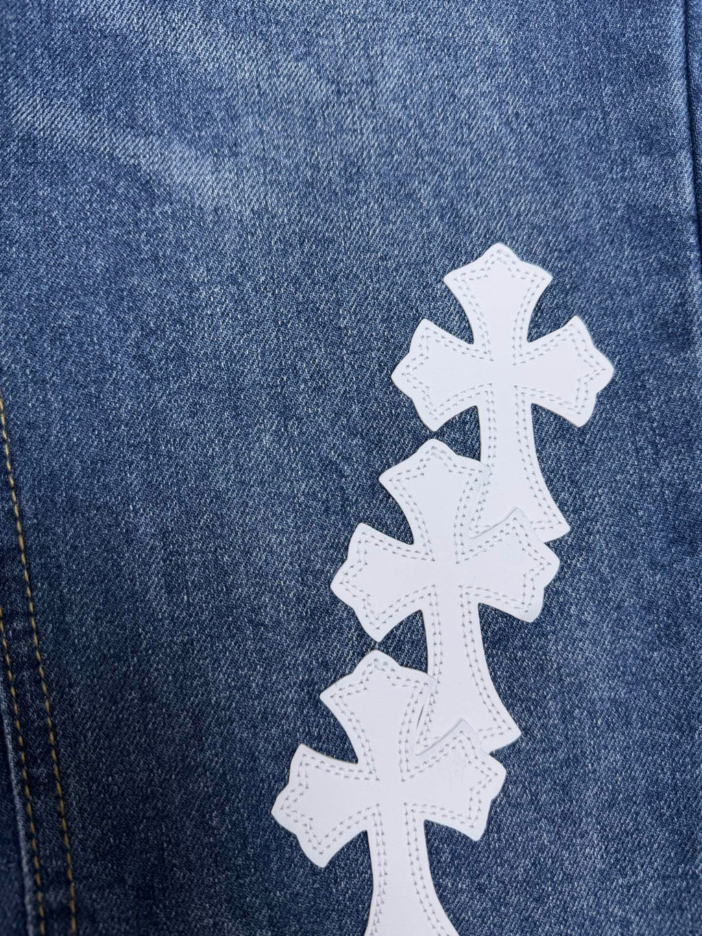 Pantalón Chrome Hearts 2026 nuevo azul pantalón con blanco cruz patchwork cuero, para pareja CALIDAD ORIGINAL
