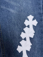 Pantalón Chrome Hearts 2026 nuevo azul pantalón con blanco cruz patchwork cuero, para pareja CALIDAD ORIGINAL