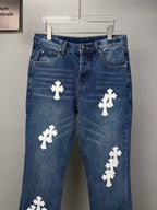 Pantalón Chrome Hearts 2026 nuevo azul pantalón con blanco cruz patchwork cuero, para pareja CALIDAD ORIGINAL