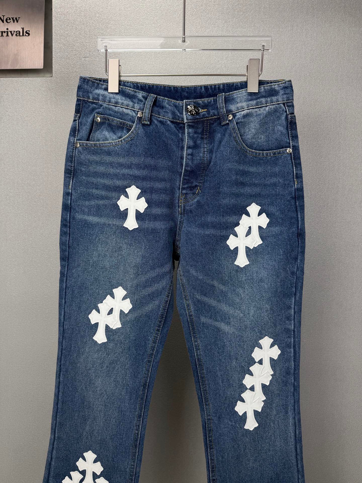 Pantalón Chrome Hearts 2026 nuevo azul pantalón con blanco cruz patchwork cuero, para pareja CALIDAD ORIGINAL