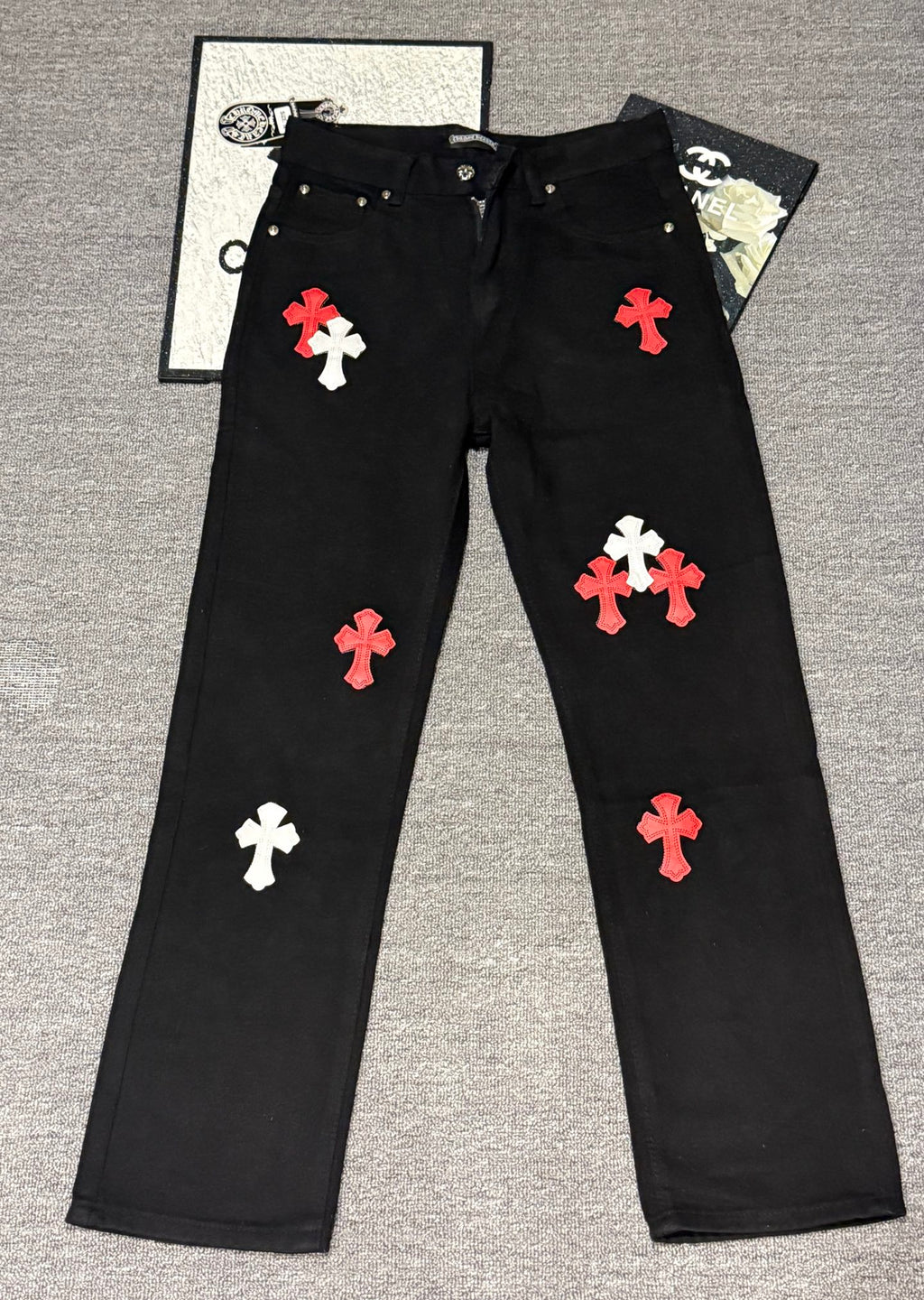 Pantalón Chrome Hearts & CH City edición limitada sánscrito cruz Appliqué patchwork jeans - Estilo B CALIDAD ORIGINAL