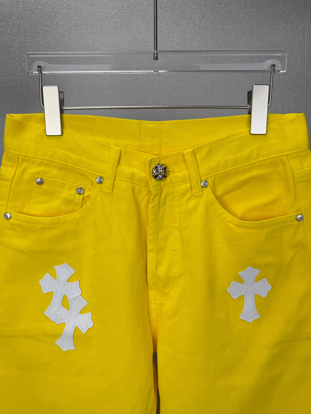 Pantalón Chrome Hearts 2026 nuevo amarillo pantalón con blanco cruz patchwork cuero, para pareja CALIDAD ORIGINAL