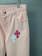 Pantalón Chrome Hearts 2026 nuevo rosado claro cruz patchwork cuero para pareja jeans lavados CALIDAD ORIGINAL